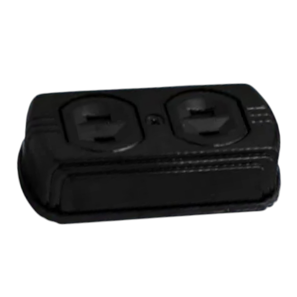 A black dual outlet electrical outlet cover or protector, shown from a three-quarters angle on a plain white background.