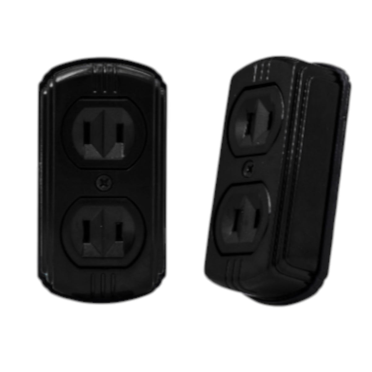 Two black outdoor duplex outlet covers shown from the front and side angles on a plain white background.