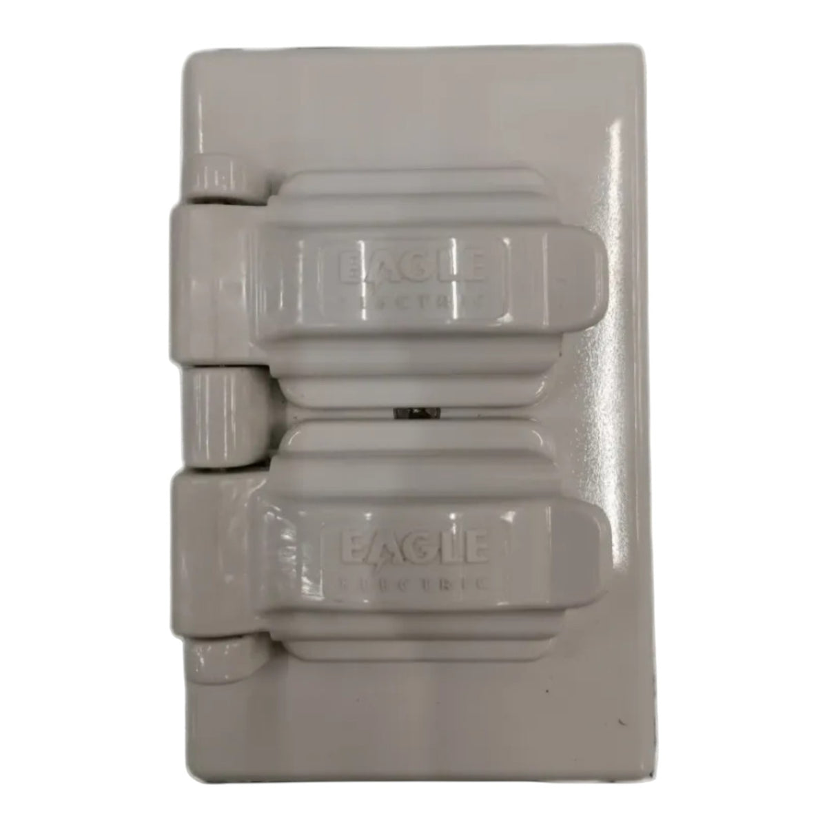 An Eagle Electric double outlet electrical panel with two sockets, shown against a plain white background.