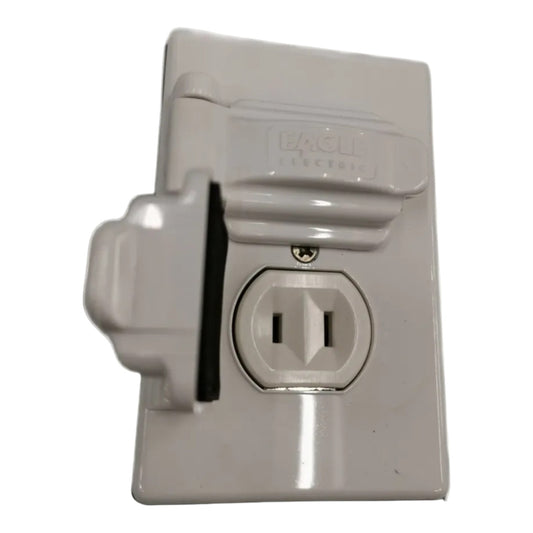 A white plastic outlet cover plate with a built-in outlet, shown with a matching white plug inserted. The brand name 'EAGLE EXCESS' is embossed on the top cover.