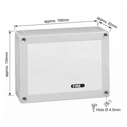 A white rectangular fire alarm enclosure box with dimension annotations showing approximately 168mm width, 134mm height, and 82mm depth, plus a screw hole detail of 4.5mm diameter.