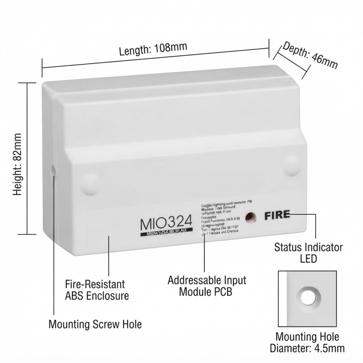 White MIO324 fire-resistant ABS enclosure module with dimension annotations showing length 108mm, height 82mm, and depth 46mm, plus a small inset of the mounting hole diameter.