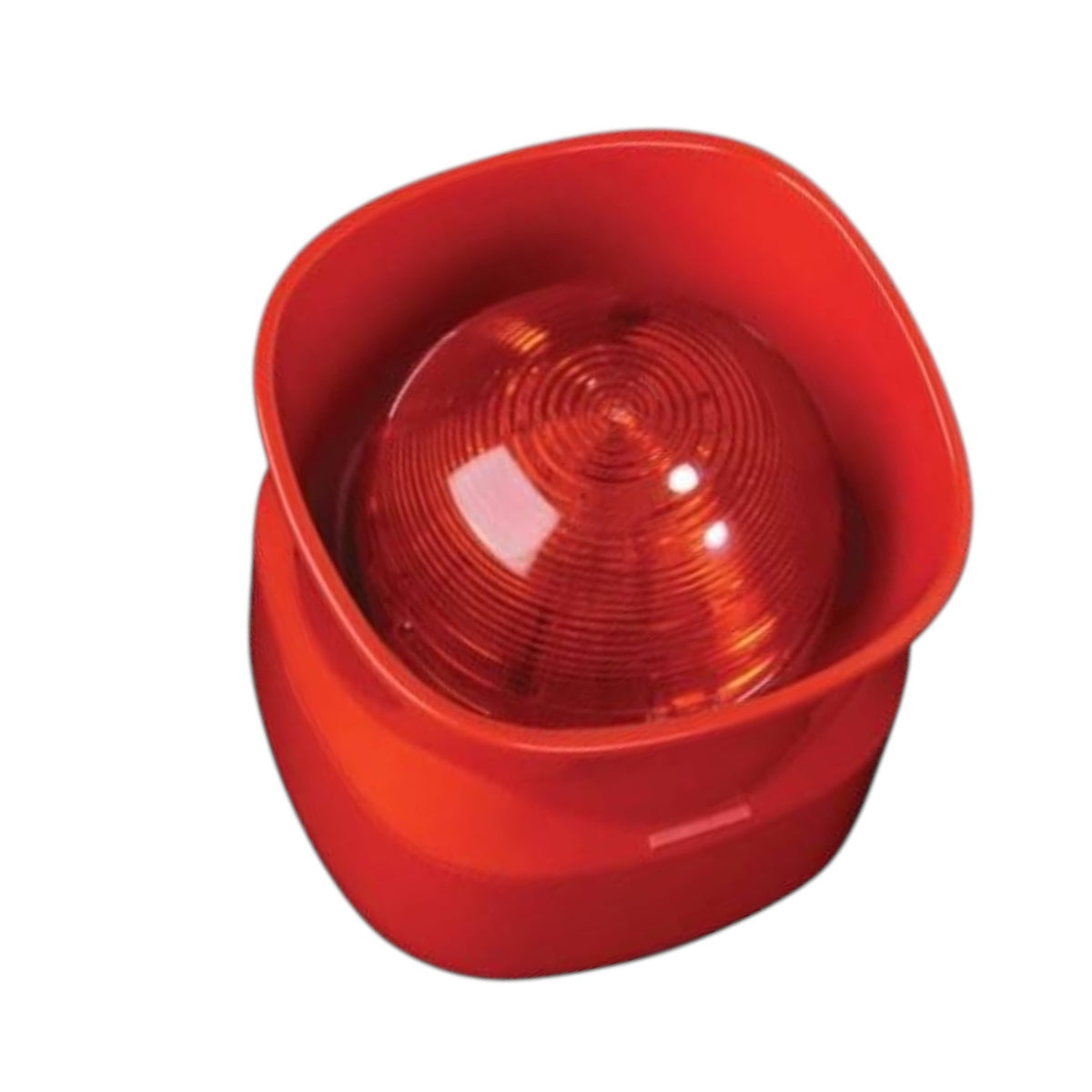 A red fire alarm call point with a clear protective cover, featuring a white central panel with black arrows and a house icon.
