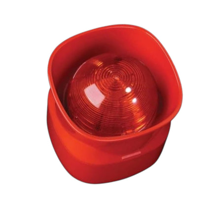 A red fire alarm call point with a clear protective cover, featuring a white central panel with black arrows and a house icon.