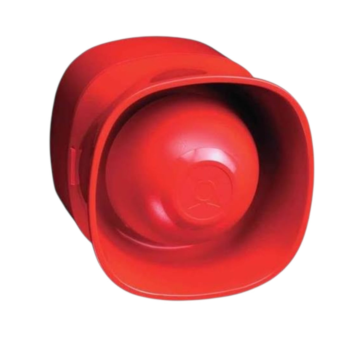 A bright red plastic horn or speaker-like accessory with a rounded square shape and a domed center, shown on a plain white background.
