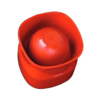 A bright red plastic safety alarm bell with a round central striker, isolated on a white background.