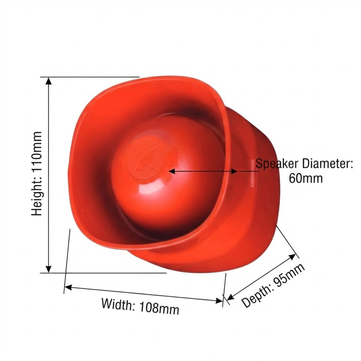 A red plastic speaker cone or speaker component shown with overlaid dimension arrows and labels indicating height 110mm, width 108mm, depth 95mm, and speaker diameter 60mm on a white background.
