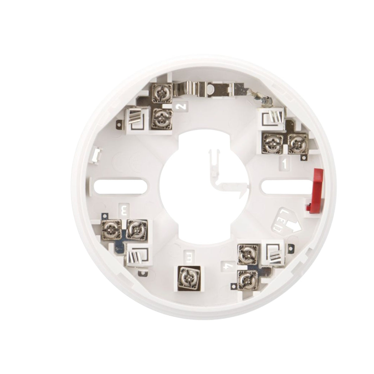 A circular white plastic electrical terminal housing or backplate with multiple metal screw terminals, small white labels, and a small red lever on the right side, shown on a plain white background.