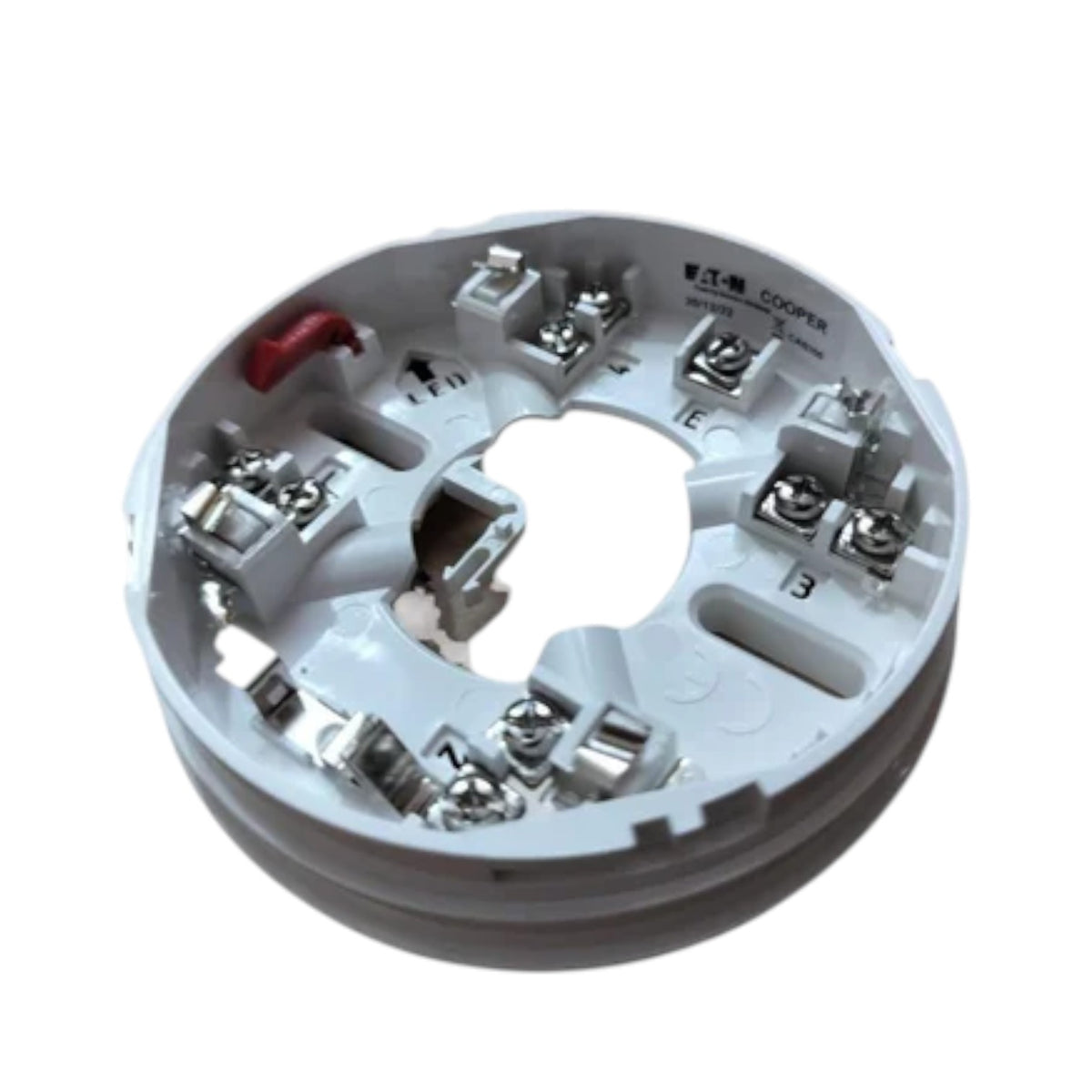 A circular white electrical terminal block with multiple metal screw terminals and a small red wire, isolated on a white background.