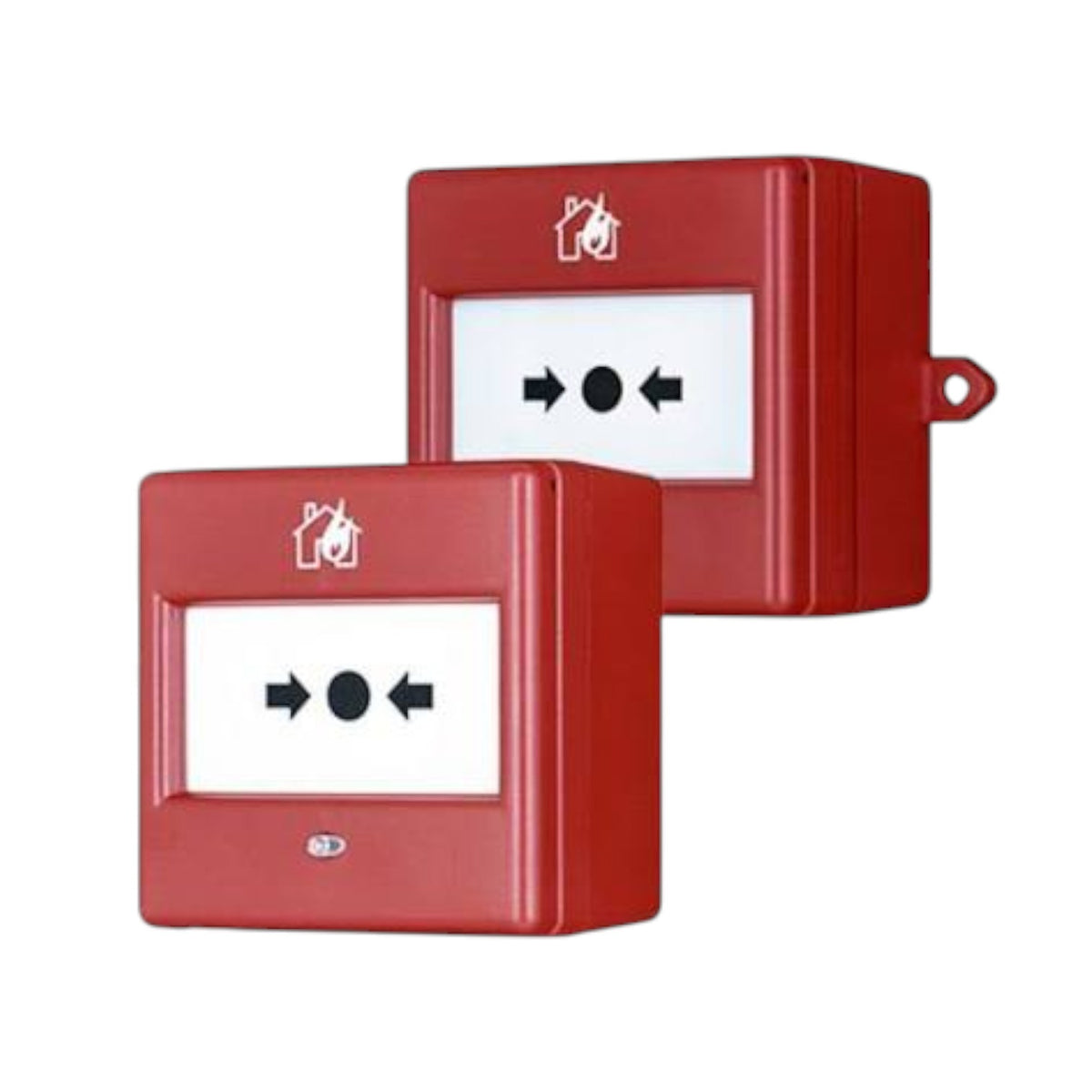 Two red fire alarm call boxes with white front panels and black arrow symbols, shown on a plain white background.