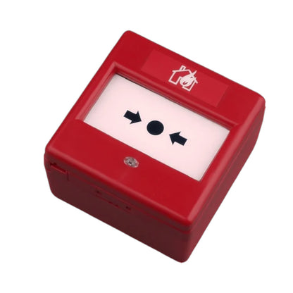 A red fire alarm call point box with a white front panel showing black directional arrows and a house icon, isolated on a white background.