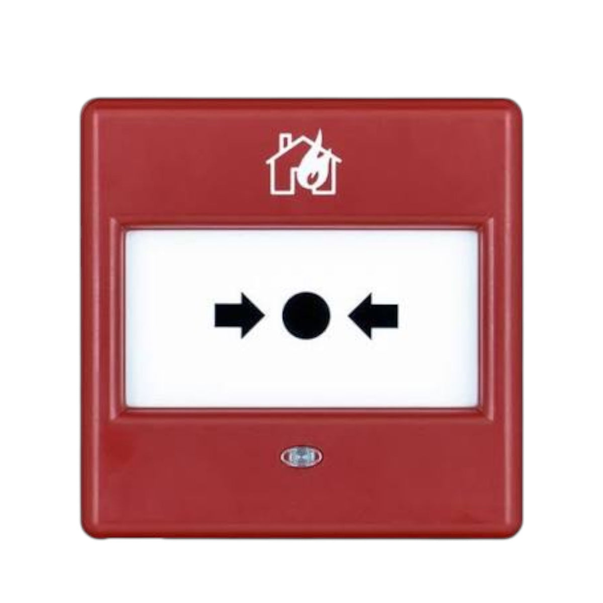 A red fire alarm call station wall switch with a white faceplate showing black directional arrows around a central black circle, plus a white house-and-flame icon near the top.