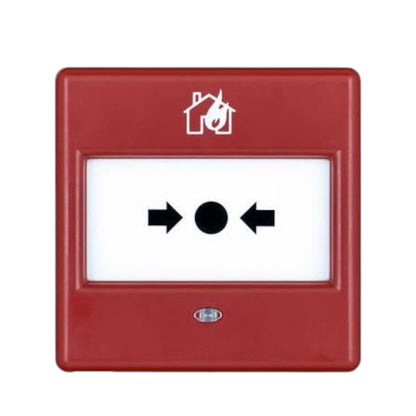 A red fire alarm call station wall switch with a white faceplate showing black directional arrows around a central black circle, plus a white house-and-flame icon near the top.