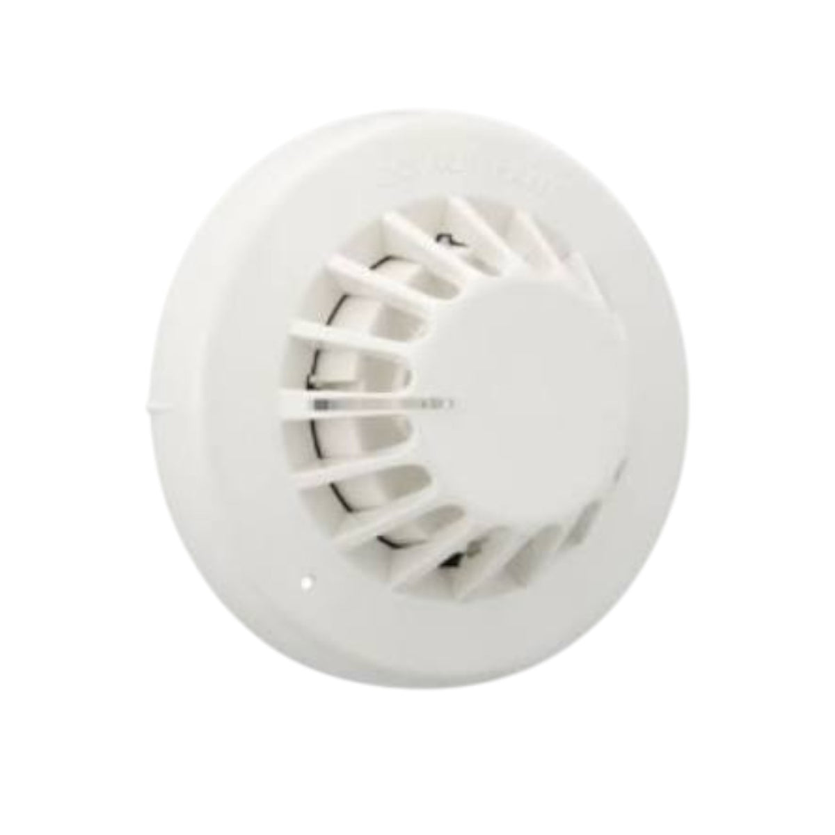 A white circular smoke detector with a vented face and central dial, shown against a plain white background.