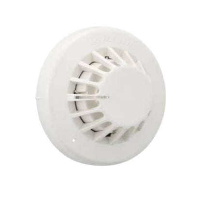 A white circular smoke detector with a vented face and central dial, shown against a plain white background.
