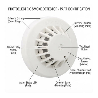 A labeled part identification diagram of a white photoelectric smoke detector, showing callouts for the external casing, smoke entry vents/grille, buzzer/sounder, test/reset button, dust/insect screen, alarm status LED, and detector base on a white background.