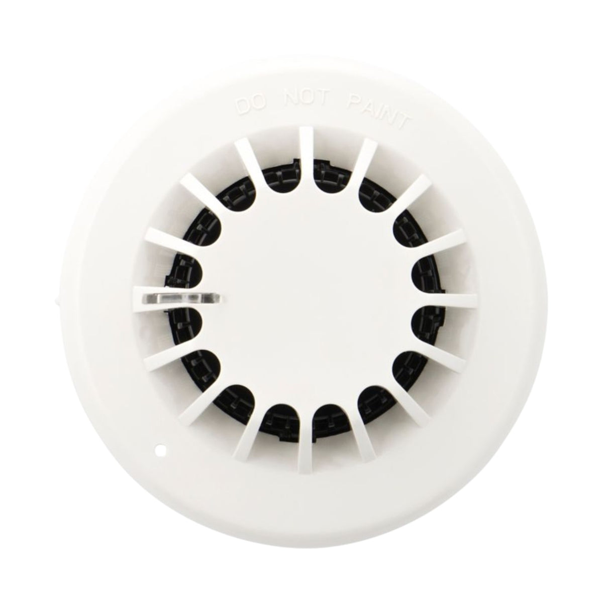 A white circular plastic smoke detector cover with radial slats and black internal elements, shown on a plain white background.