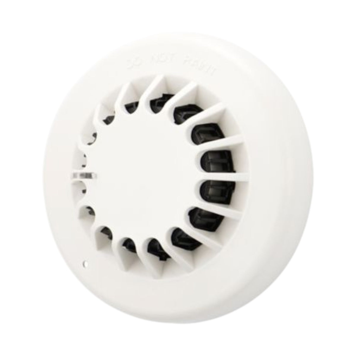 A white circular hot air duct damper or vent assembly with radial louvers and black internal baffles, shown on a plain white background.