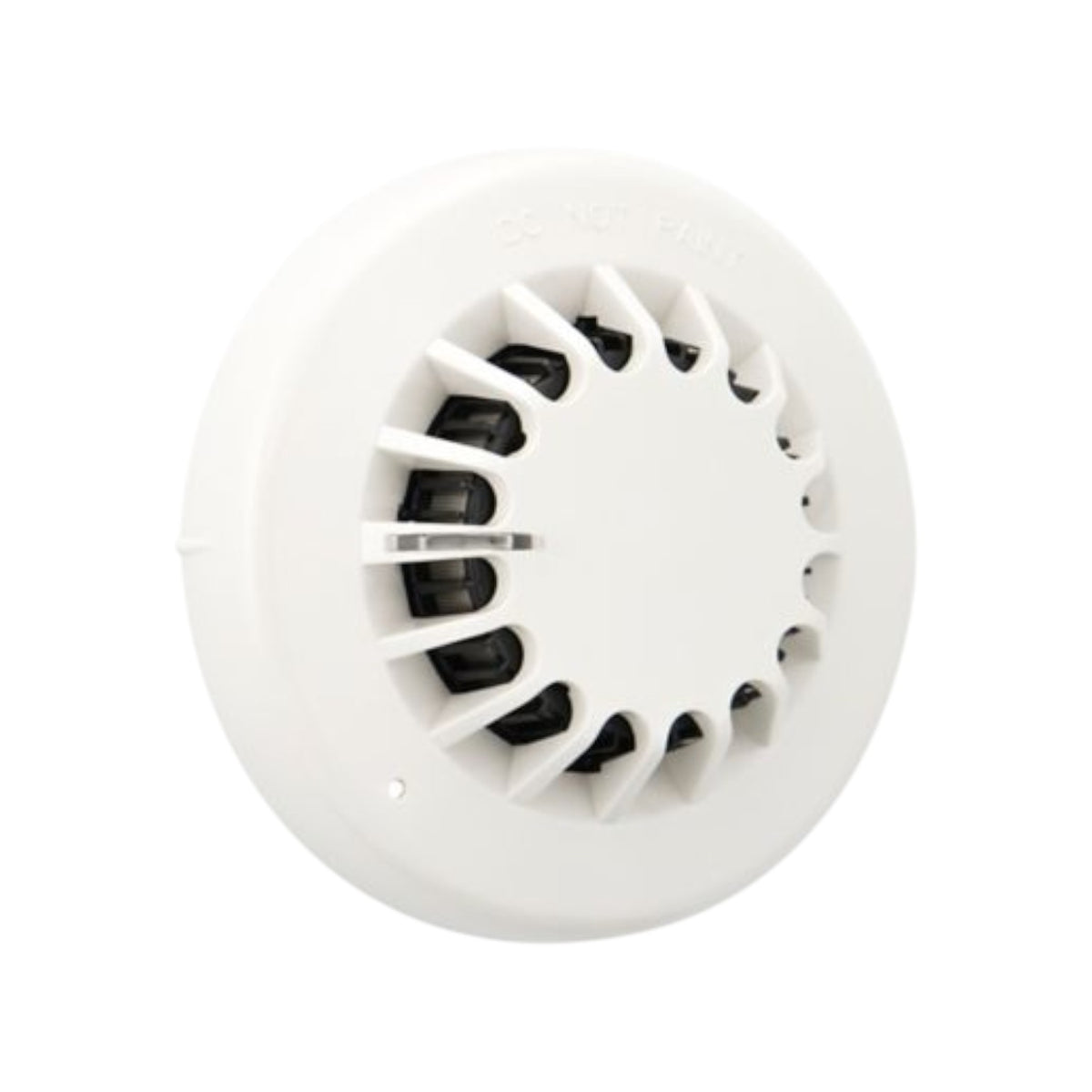 A white circular smoke detector with a vented face and internal black components, shown against a plain white background.