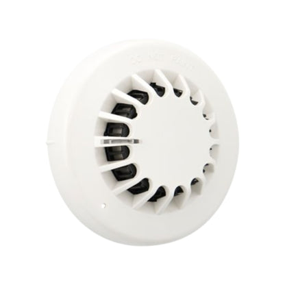 A white circular smoke detector with a vented face and internal black components, shown against a plain white background.