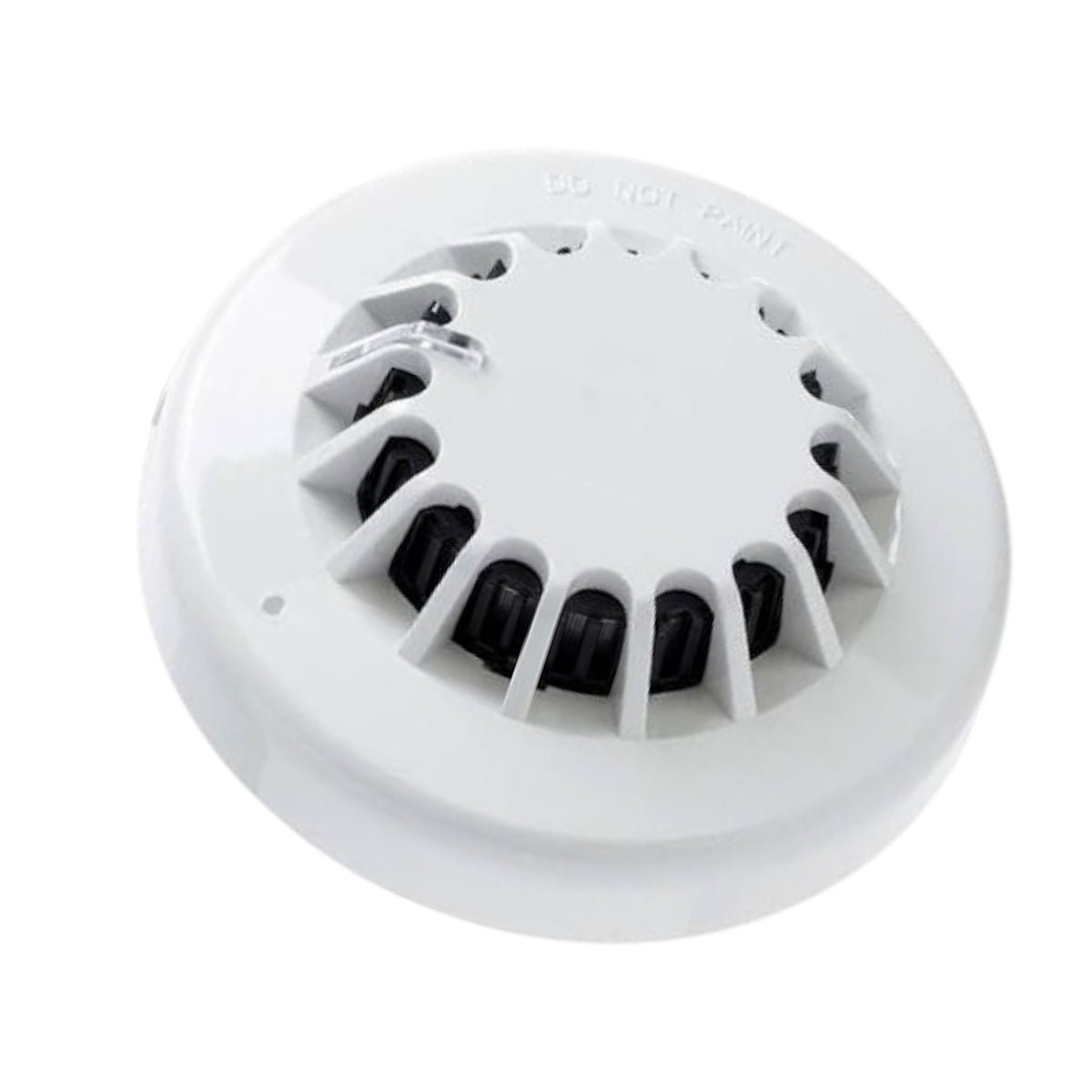 A white round smoke detector with a vented top and black internal components, shown on a plain white background.