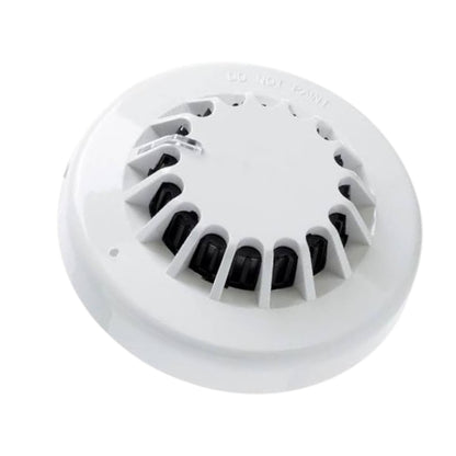A white round smoke detector with a vented top and black internal components, shown on a plain white background.