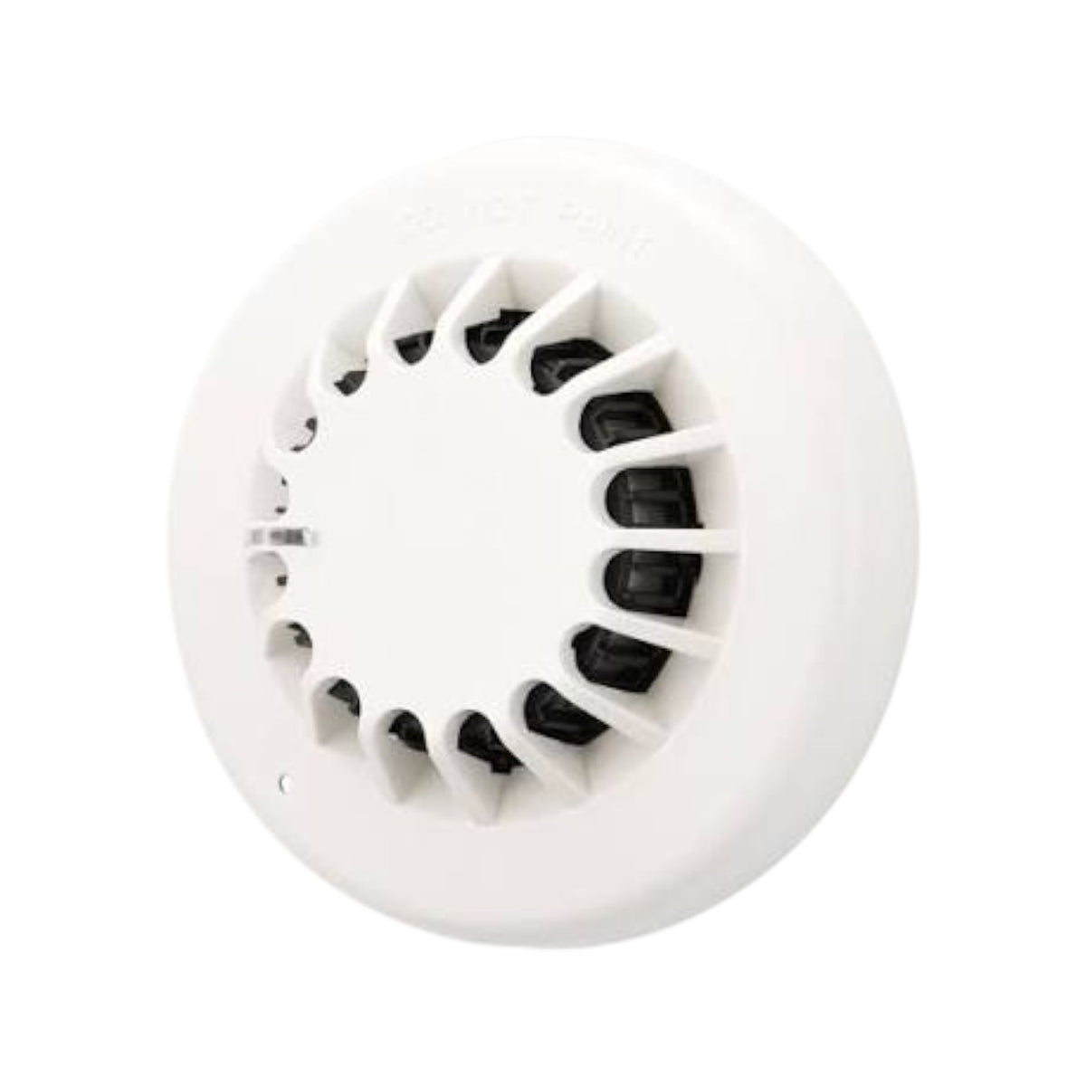 A white circular smoke detector with a vented face and black internal elements, shown on a plain white background.