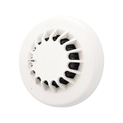 A white circular smoke detector with a vented face and black internal elements, shown on a plain white background.