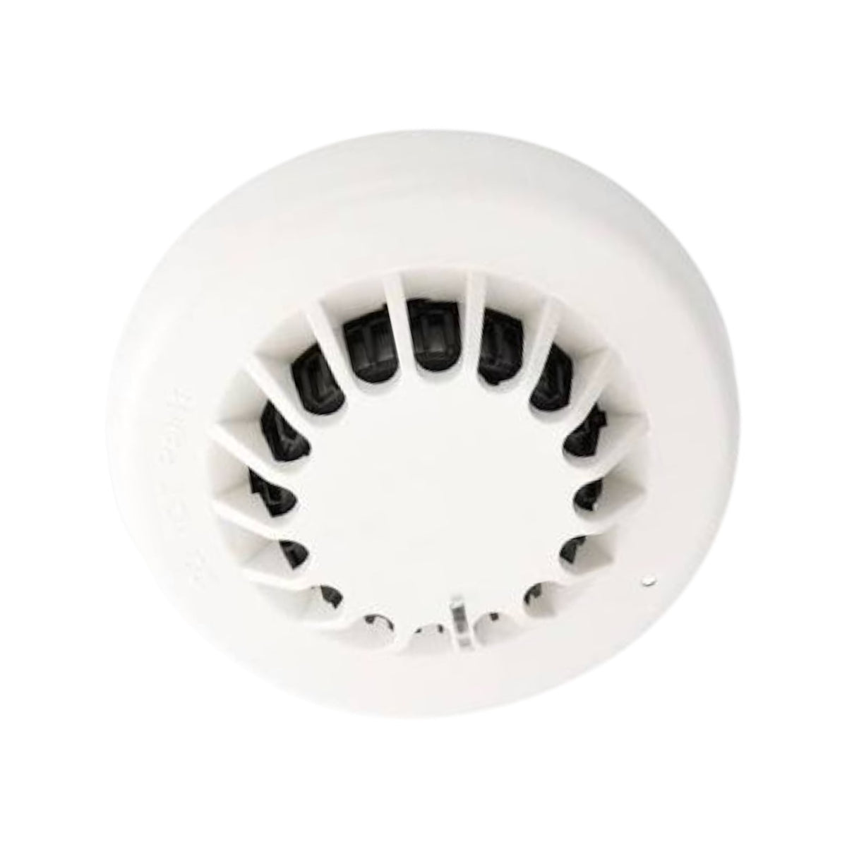 A white circular smoke detector or fire alarm sensor with vented slots, shown against a plain white background.