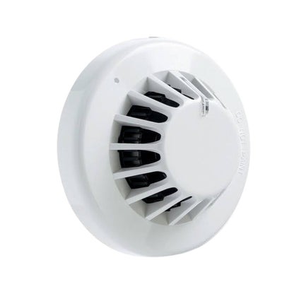 A white round smoke detector with a vented top and black internal components, shown on a plain white background.