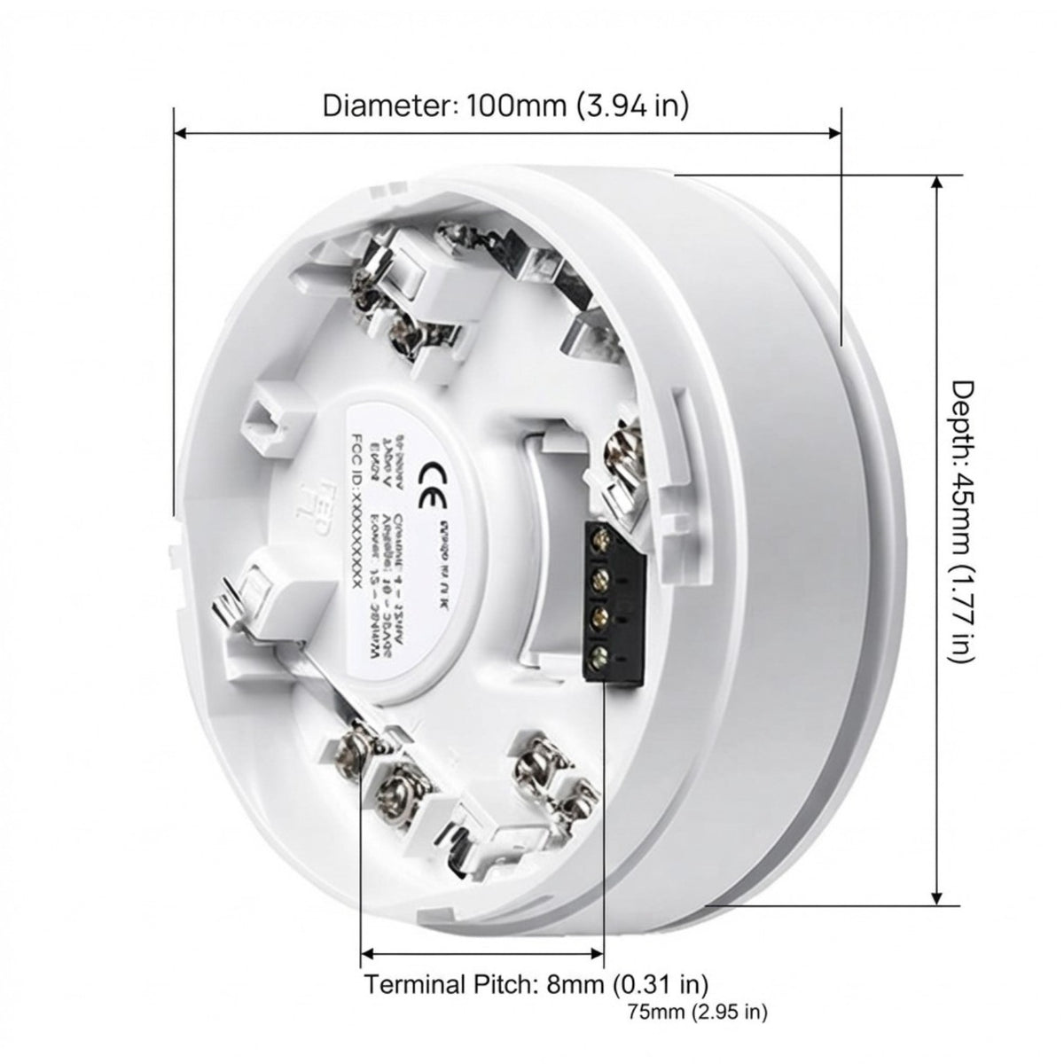 Technical dimension diagram of a white circular electrical socket or terminal component, showing diameter 100mm, depth 45mm, and terminal pitch 8mm with measurement callouts on a light gray background.