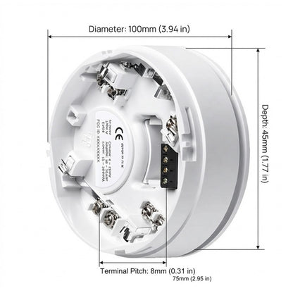 Technical dimension diagram of a white circular electrical socket or terminal component, showing diameter 100mm, depth 45mm, and terminal pitch 8mm with measurement callouts on a light gray background.