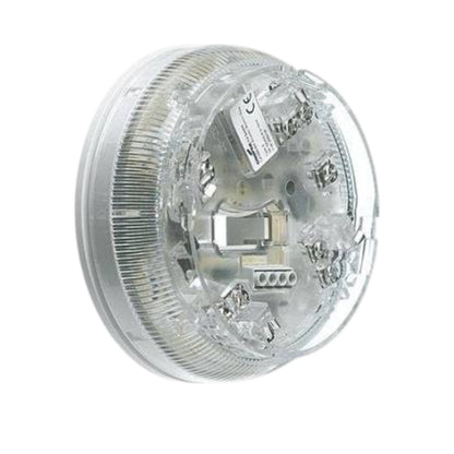 A clear plastic round electrical junction box or socket cover with ribbed outer edges and visible internal metal contacts, shown on a plain white background.