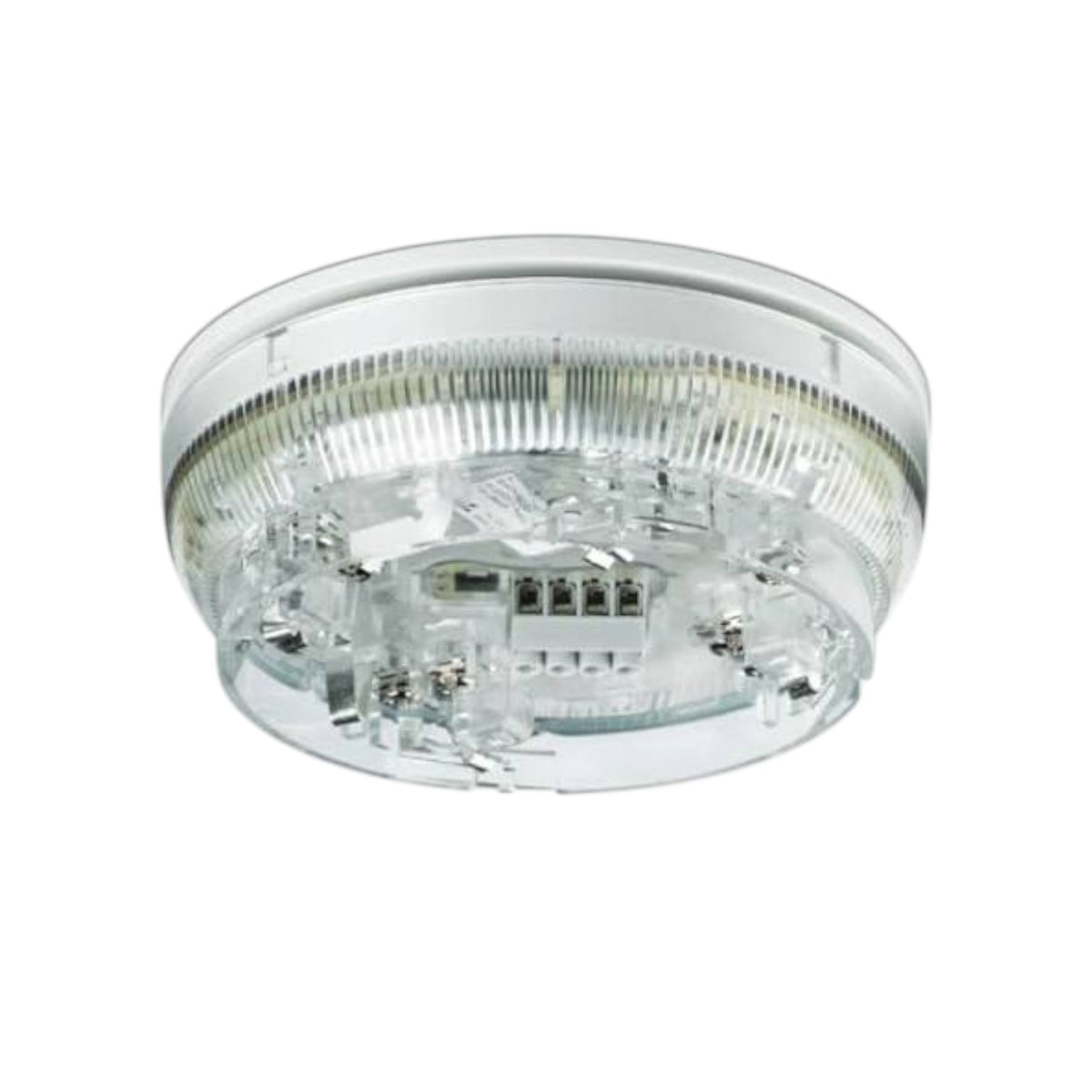 A clear circular ceiling light fixture with a ribbed outer rim and visible internal wiring and terminal blocks, shown on a plain white background.