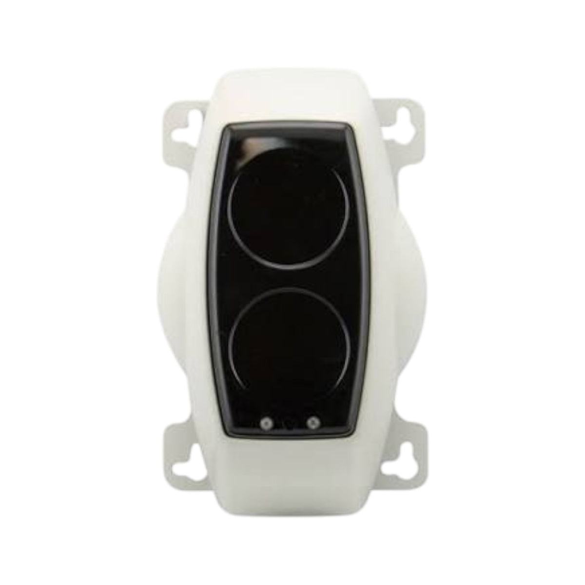 A white electronic control module with a black front panel featuring two circular sensors or ports, shown against a plain white background.