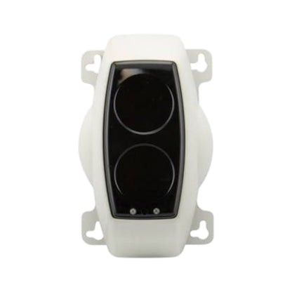 A white electronic control module with a black front panel featuring two circular sensors or ports, shown against a plain white background.