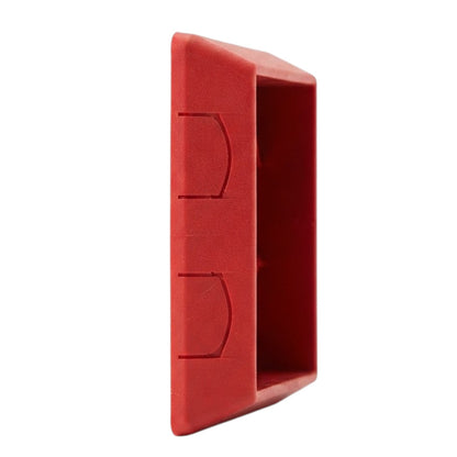 A red plastic mounting bracket or wall plate with a rectangular hollow cavity, shown from a side profile view against a plain white background.