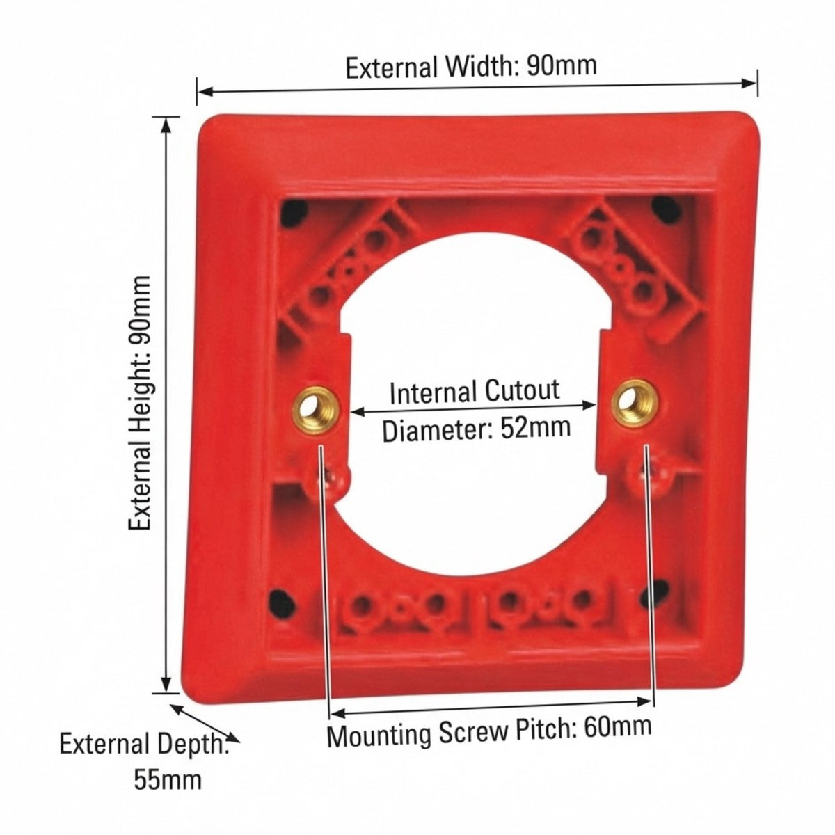 A red square wall plate or mounting frame shown on a white background with overlaid dimension labels and arrows indicating external width, height, depth, internal cutout diameter, and mounting screw pitch.