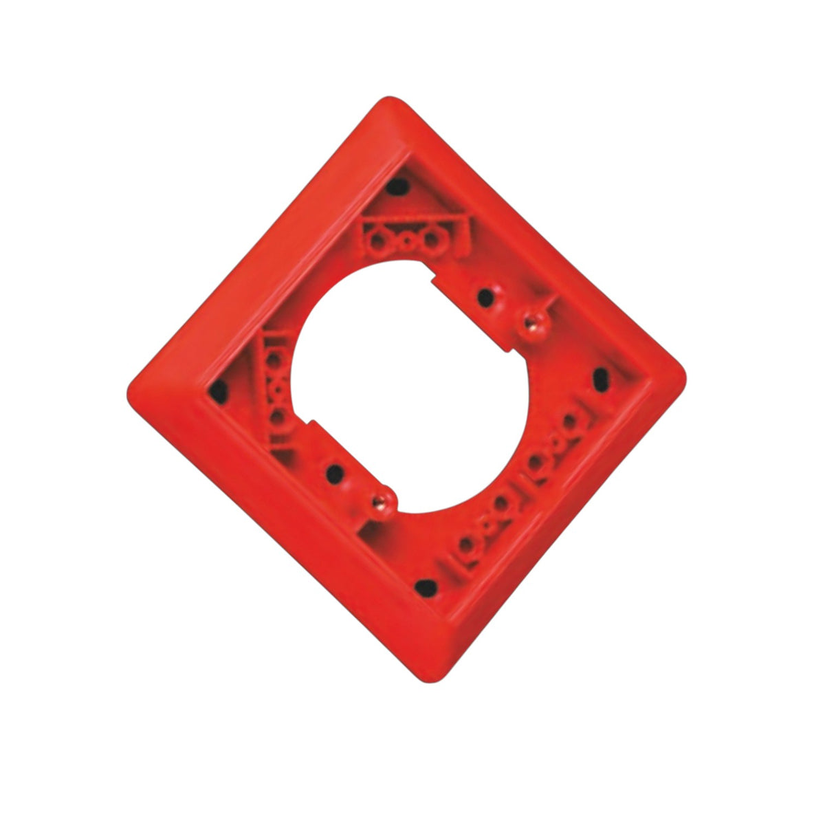 A bright red plastic square frame with a circular cutout in the center and pre-drilled screw holes, shown on a plain white background.