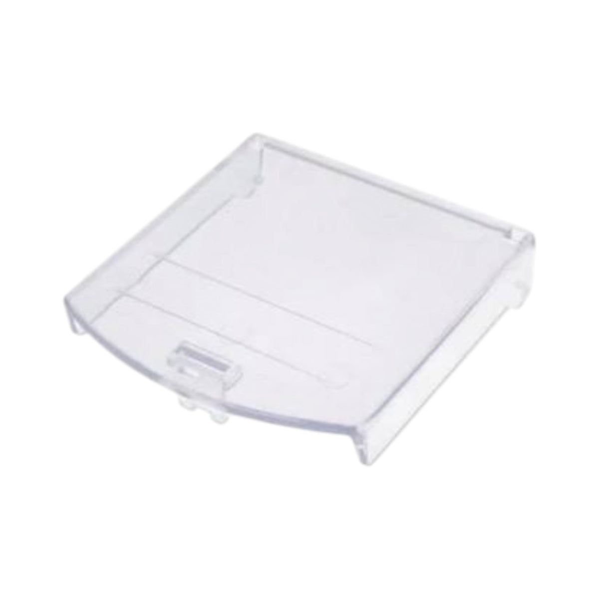 A clear plastic replacement cover or lid with a small latch mechanism, shown on a plain white background.