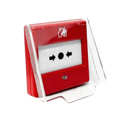 A red fire alarm call point with a clear protective cover, featuring a white central panel with black arrows and a house icon.