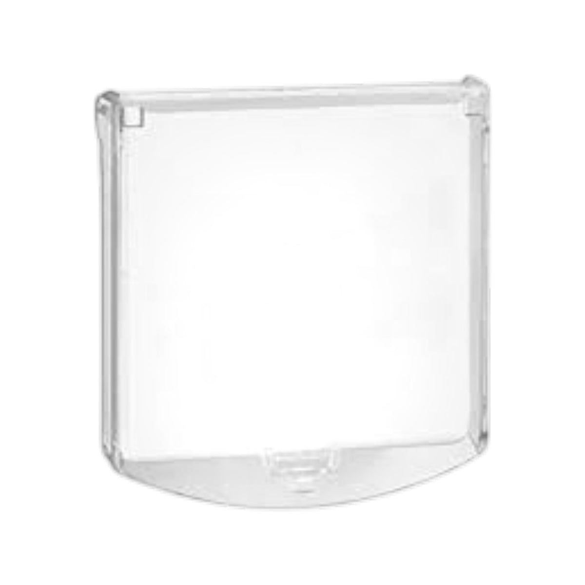 A clear plastic square cover or shield with rounded corners and a curved bottom edge, shown on a plain white background.