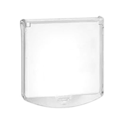 A clear plastic square cover or shield with rounded corners and a curved bottom edge, shown on a plain white background.