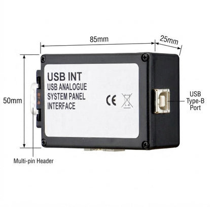 A black USB analogogue system panel interface with a white front label, shown with dimension markings of 85mm, 25mm, and 50mm on a white background.