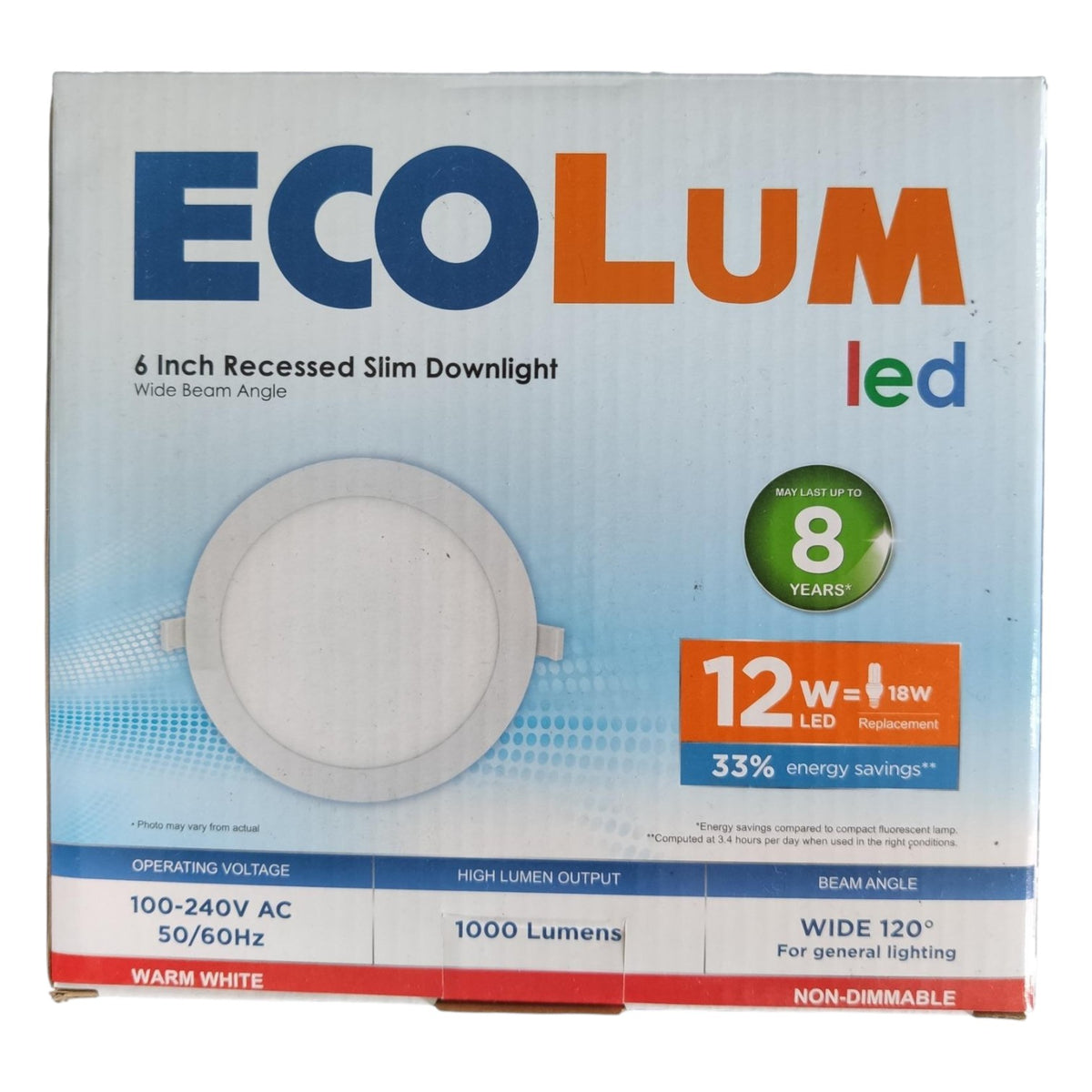EcoLum LED recessed downlight packaging on a white background