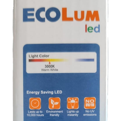 ECOLUM LED packaging with light color indicator and features listed.