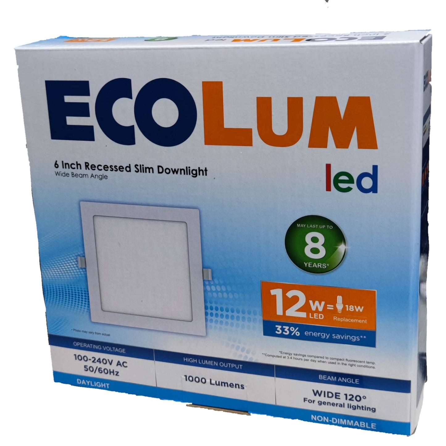 EcoLum LED recessed light fixture packaging on a white background