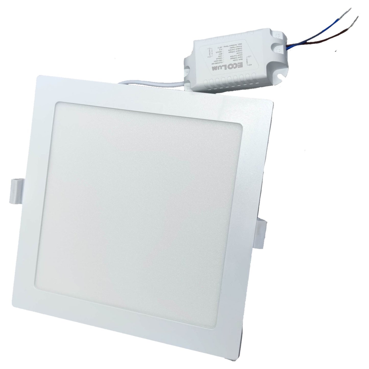 Square LED panel light with driver on a white background