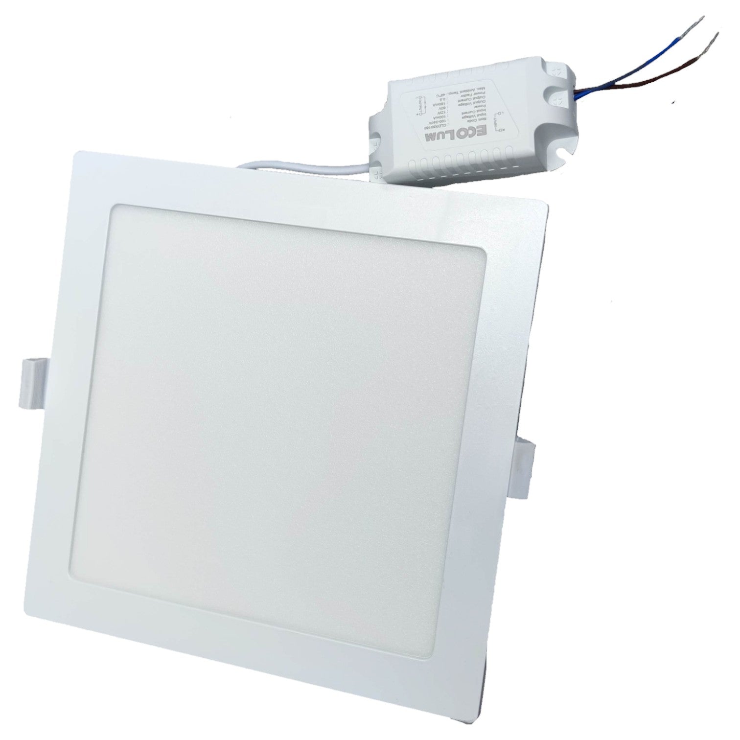 Square LED panel light with driver on a white background