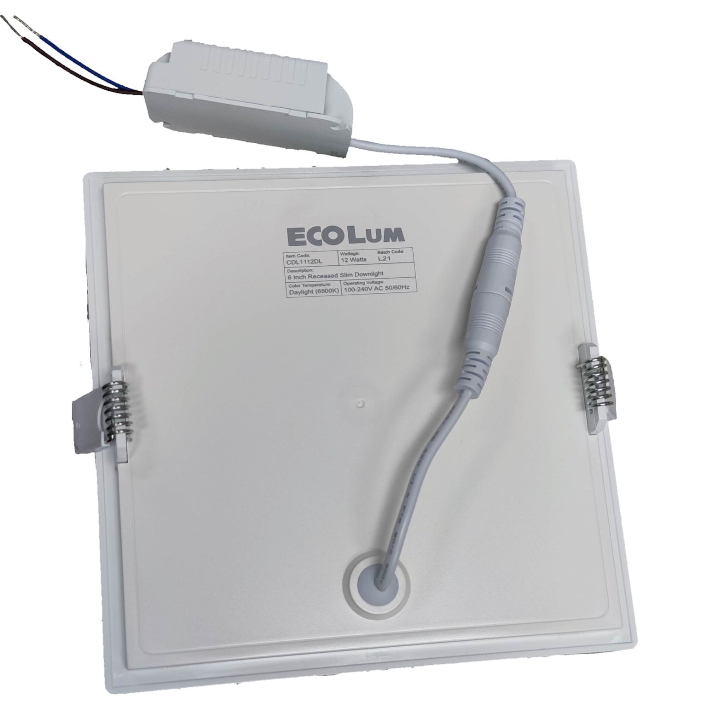 EcoLum LED light panel with wiring on a white background